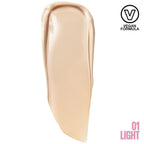Beige makeup swatch with 'Vegan Formula' logo and '01 Light' label on a white background