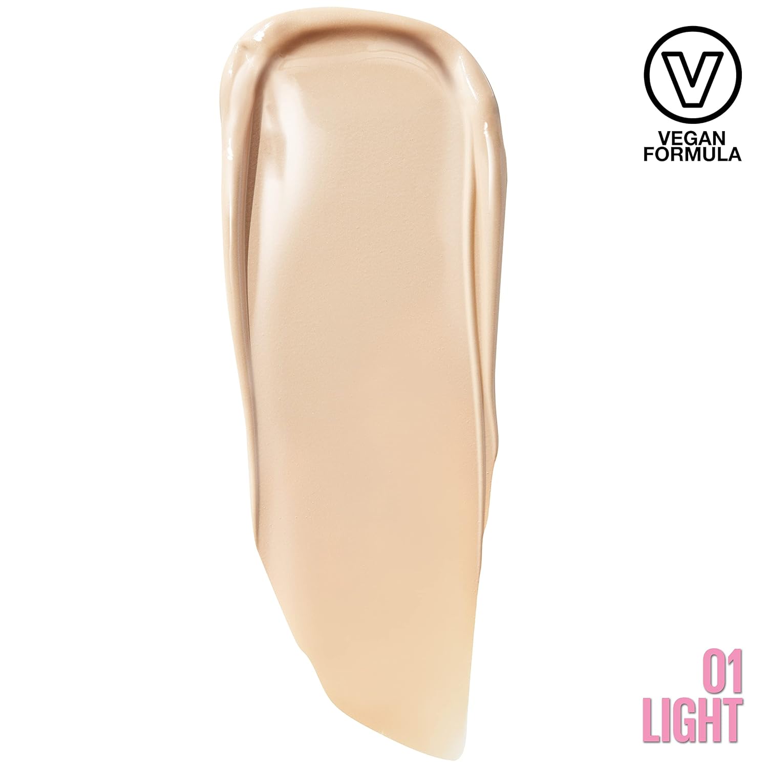Beige makeup swatch with 'Vegan Formula' logo and '01 Light' label on a white background