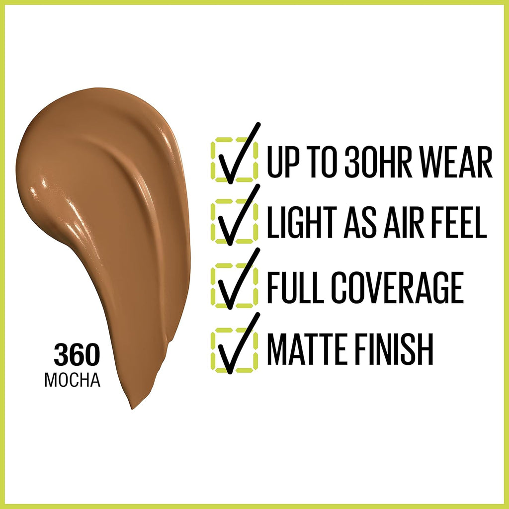 Maybelline Super Stay Full Coverage Foundation – 30HR Matte, 1 fl oz