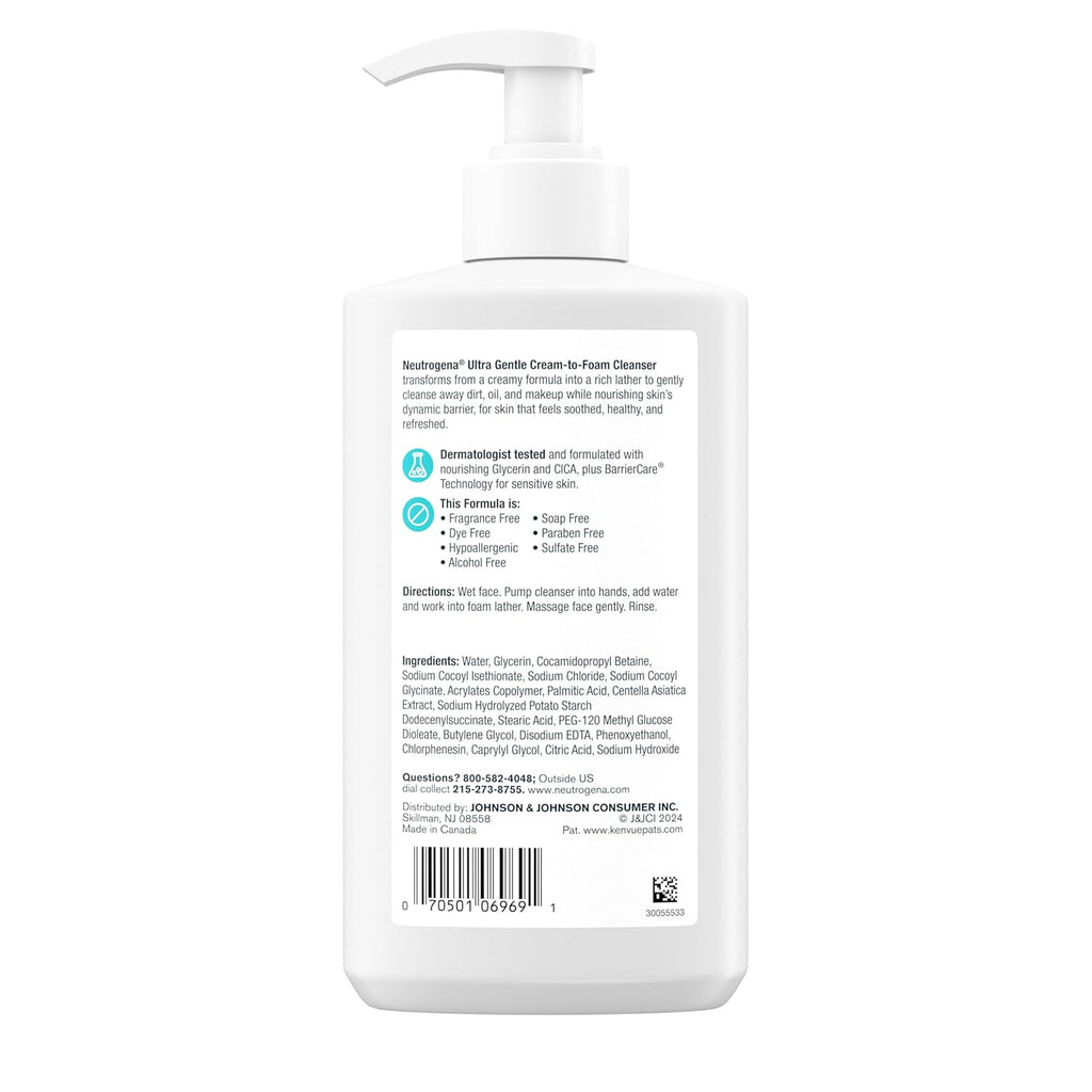 Neutrogena Ultra Gentle Cream-to-Foam Facial Cleanser - Sensitive, Fragrance-Free 12 fl oz