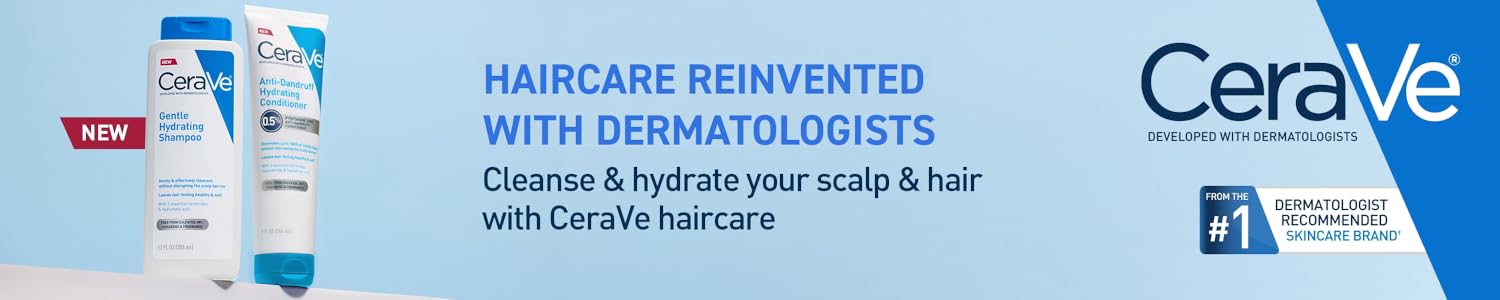 CeraVe hair care products with text about dermatologist-developed hair care on a blue background