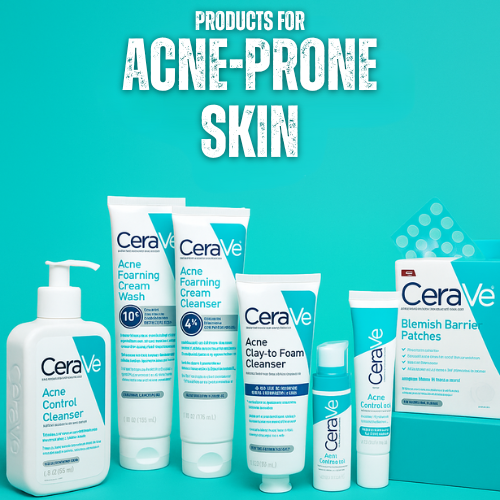 CeraVe skincare products for acne-prone skin on a teal background