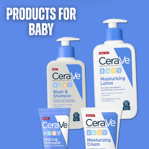 CeraVe baby products including wash & shampoo, lotion, cream, and ointment on a blue background.
