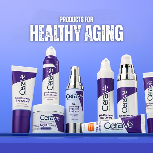 CeraVe skincare products for healthy aging on a blue background
