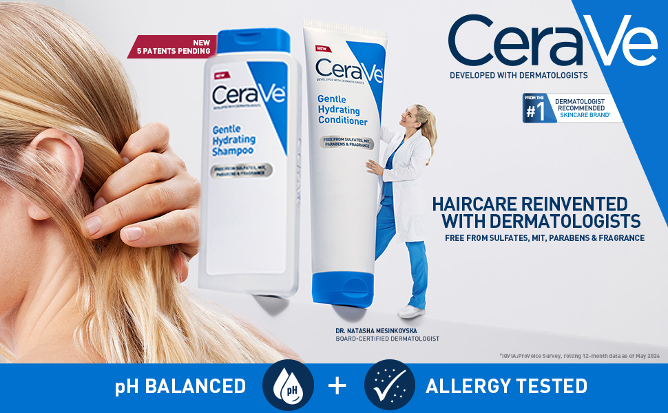 CeraVe hair care products with a woman washing her hair, featuring the brand's logo and key features.