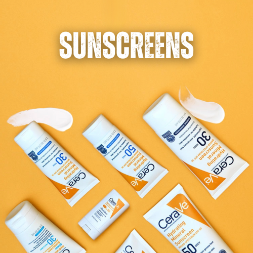 CeraVe sunscreens with visible labels on a yellow background