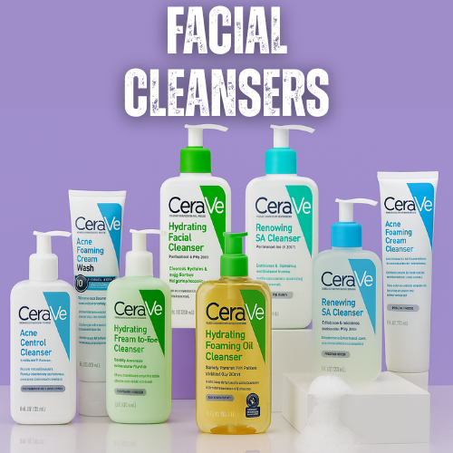 Collection of CeraVe facial cleansers on a purple background