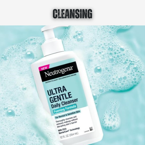 Neutrogena Ultra Gentle Daily Cleanser bottle with foamy texture on a light blue background
