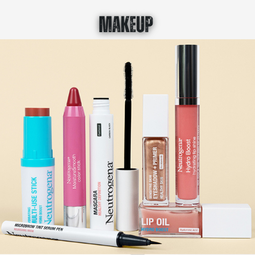 Neutrogena makeup products including a wet-use stick, color pen, mascara, eyeliner, and lip oil on a beige background.