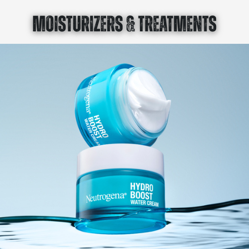 Neutrogena Hydro Boost water cream jars with water effect on a light blue background