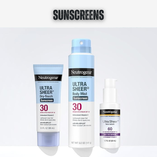 Neutrogena sunscreens including a tube, body mist, and facial serum on a white background.